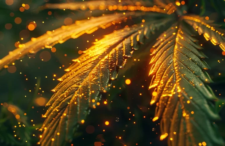 A conceptual 3D illustration showing glowing light particles (photons) hitting a cannabis leaf, visualizing the concept of PPFD and photosynthesis.