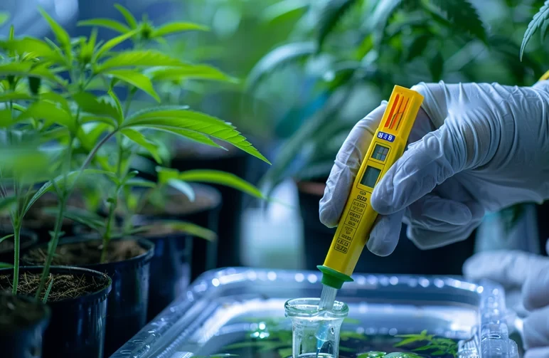A grower’s hands holding a yellow digital pH pen in a beaker of nutrient solution, illustrating the importance of measuring pH and EC for cannabis health.