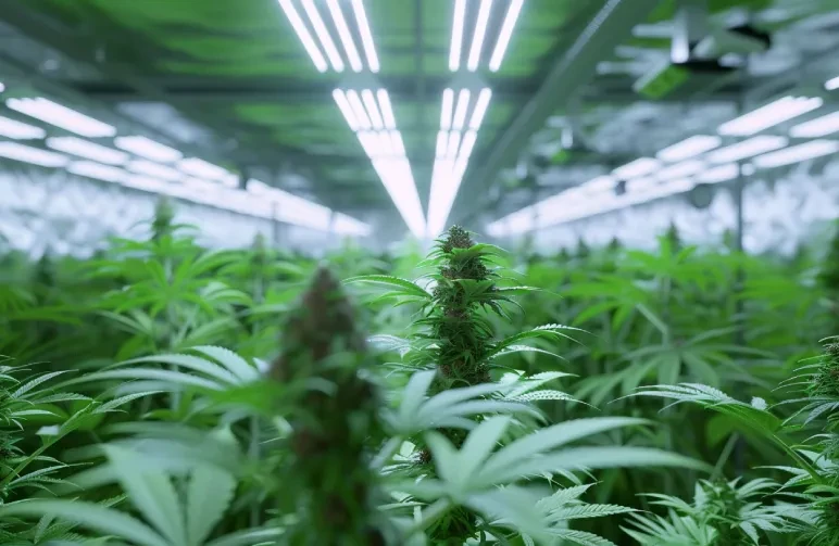 A professional, high-tech indoor cannabis grow room featuring lush plants under advanced LED lighting, symbolizing optimized environmental conditions for potency.