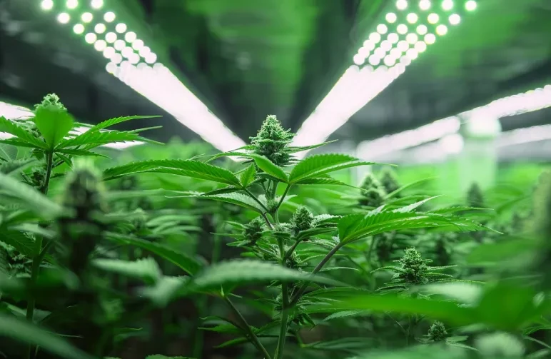 A professional indoor cannabis grow tent featuring full-spectrum LED lights, a Screen of Green (ScrOG) net for canopy management, and healthy flowering plants.