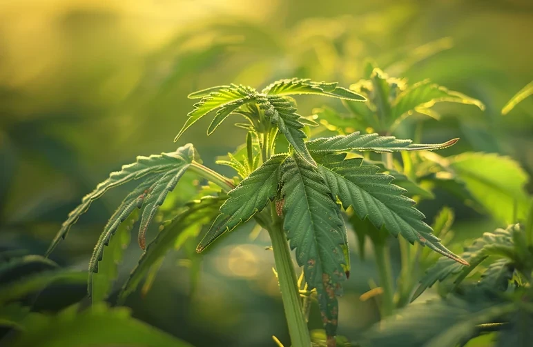 A macro photo showing the top growth of a cannabis plant with calcium deficiency. The small, new leaves are slightly twisted and have tiny, rusty-brown spots.