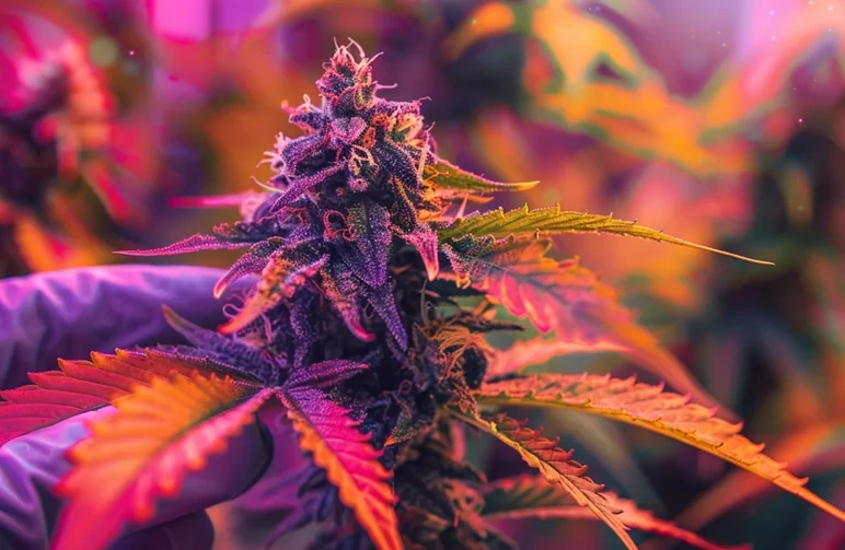 Grower inspecting a fully ripe autoflower cannabis plant with purple and yellow fading leaves, indicating it is ready for harvest.