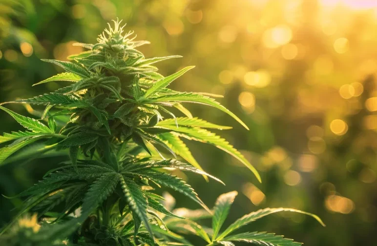 A large, sturdy Northern Lights cannabis plant growing outdoors in a garden during golden hour, featuring thick colas and healthy leaves.