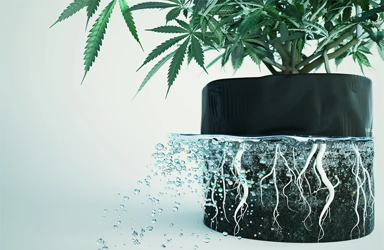 Een doorsnede-illustratie waarop te zien is dat helder water in een pot wordt gegoten, door de gezonde witte wortels spoelt en zoutophoping wegwast.