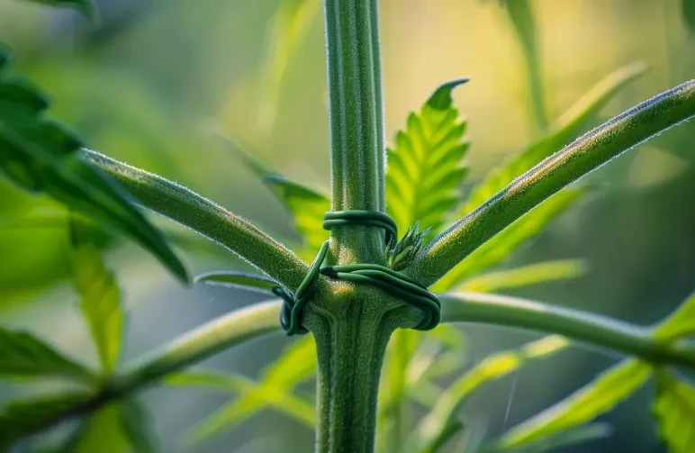 A close-up macro shot of a cannabis plant's central stem showing the results of main-lining and topping, featuring a thick, symmetrical "hub" with branches trained horizontally before growing upward.