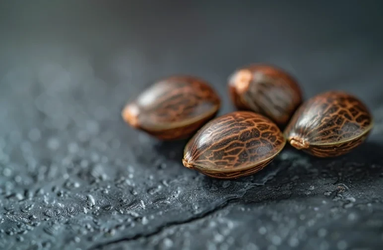 A macro close-up of several viable, dark-marbled cannabis seeds resting on a rustic wooden surface with soft, warm lighting.