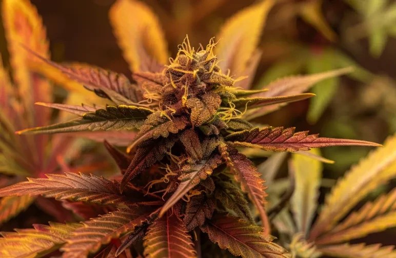 Een close-up van een rijpe cannabistop die de natuurlijke "fade" laat zien, waarbij de waaierbladeren in levendige tinten geel en paars verkleuren terwijl de top groen en berijpt blijft.