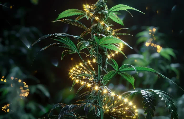 A conceptual 3D illustration of a cannabis plant with a glowing DNA helix inside, representing its internal age-based biological clock.