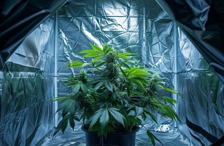 Ein Blick in ein Growzelt mit reflektierenden silbernen Mylar-Wänden, die eine blühende Cannabispflanze umgeben.