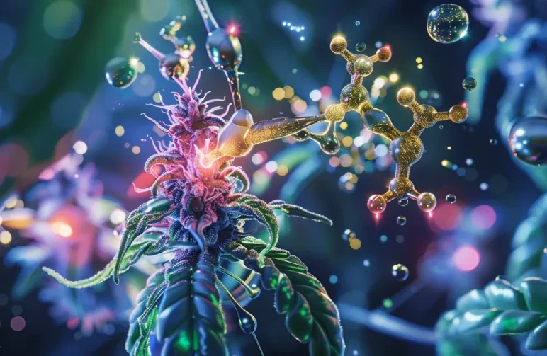 A conceptual 3D illustration representing the entourage effect, showing glowing molecules of THC and terpenes interacting to create a potent effect.