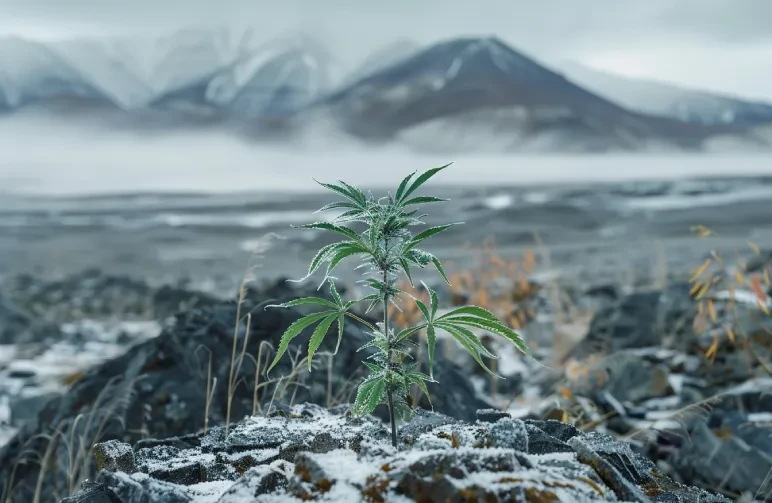 A small, wild Cannabis ruderalis plant growing in a rocky, cold Siberian landscape with a dusting of snow.