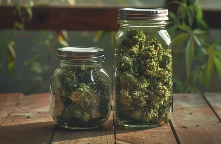 High-quality glass mason jars filled with dense, frosty, manicured cannabis buds sitting on a wooden table, representing the final curing stage.