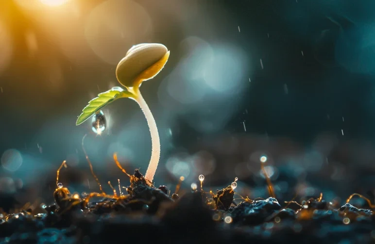 A sprouted cannabis seed showing a healthy 1-inch white taproot, symbolizing perfect warmth and moisture balance.
