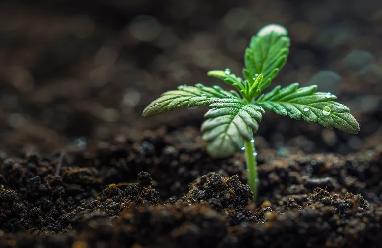 A close-up macro shot of a young cannabis seedling with round cotyledons and first true leaves, bathed in soft, gentle light to represent the lower light requirements of early growth.