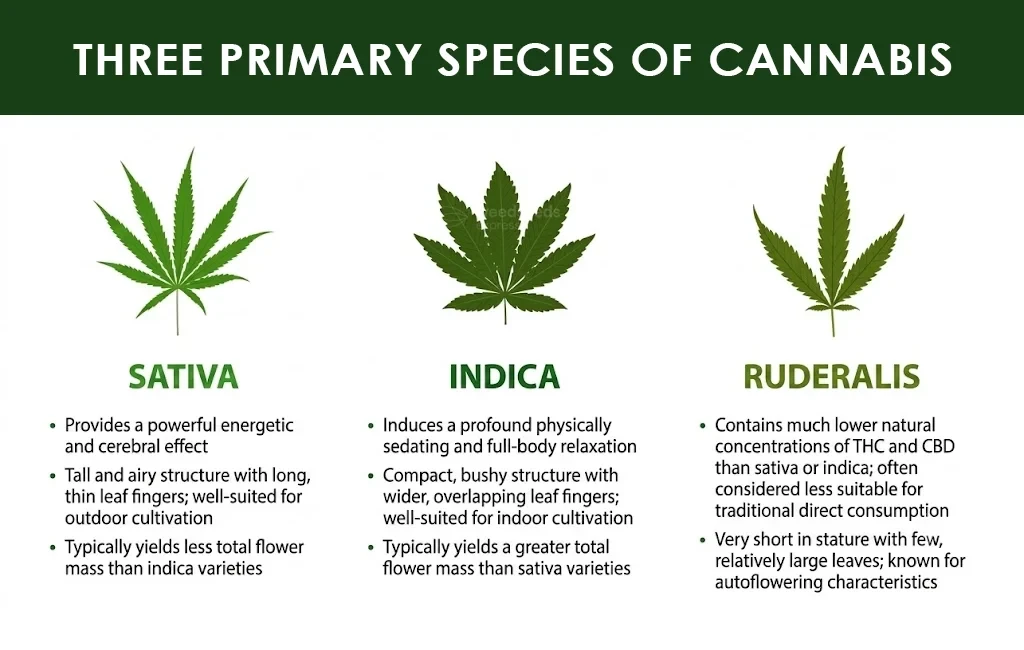 Eine Infografik, die die drei wichtigsten Cannabis-Arten zeigt: Sativa, Indica und Ruderalis. Sie listet ihre körperlichen Merkmale auf, wie Blattform und Höhe, sowie ihre typischen Wirkungen auf den Konsumenten.