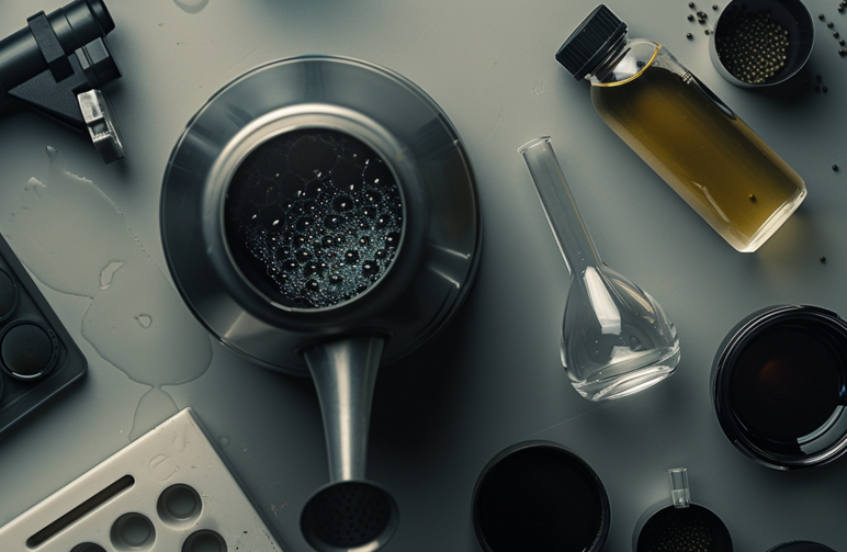 A top-down photo of the essential tools for feeding autoflowers: a watering can, a bottle of nutrients, and a measuring beaker, all neatly arranged on a clean workbench.