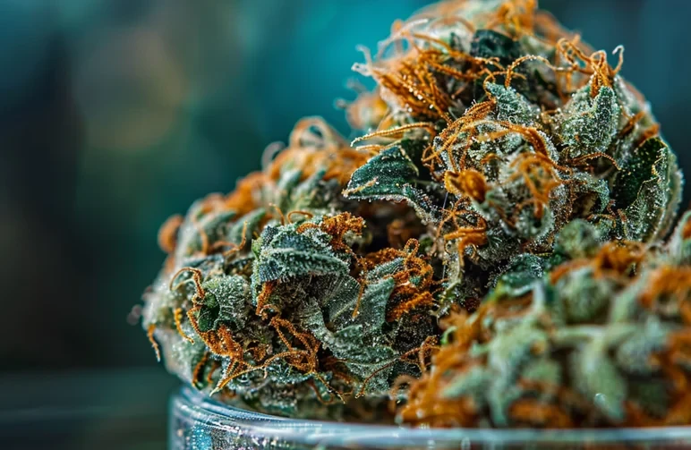 A macro shot of a dense, frosty cannabis bud with orange pistils, representing the "frosty little baseballs" result of correct lighting.