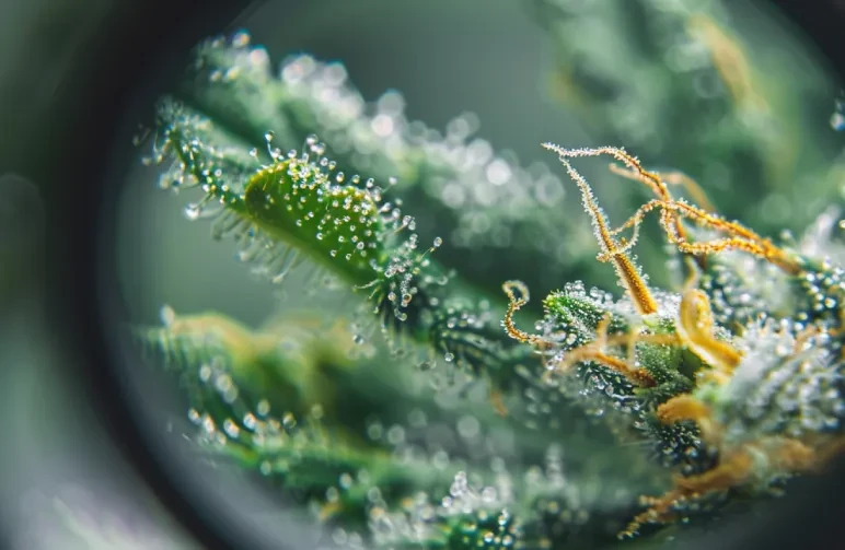 A microscopic macro shot of a cannabis bud showing clear, bulbous trichomes and orange pistils under a magnifying lens.