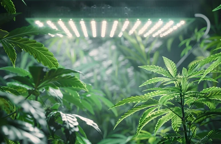 A top-down view of a lush, even green cannabis canopy inside a grow tent, illuminated by a modern bar-style LED grow light, demonstrating perfect light distribution.