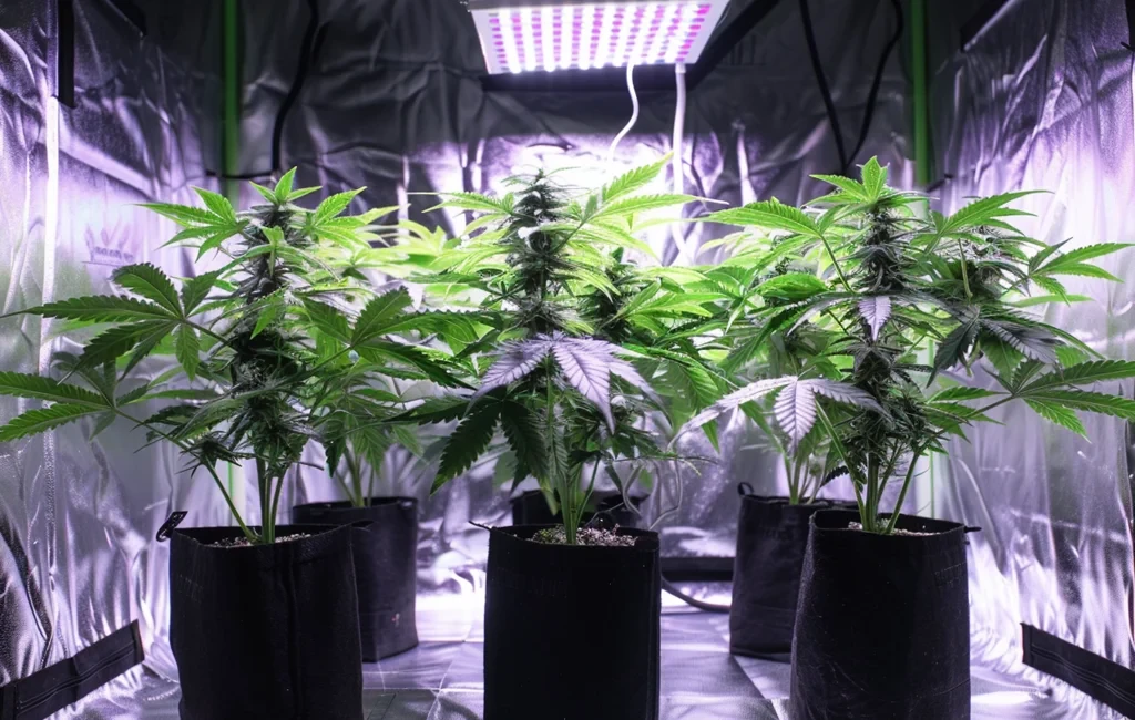 Cinq plants de cannabis uniformes poussant dans des pots en tissu à l’intérieur d’une tente de culture en mylar réfléchissant, illustrant la stabilité de la génétique hybride F1.