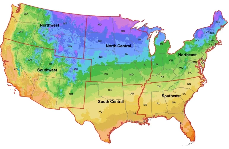 Map of the United States showing USDA Plant Hardiness Zones and regional divisions for Northwest, Southwest, North Central, South Central, Northeast, and Southeast to determine cannabis planting dates.
