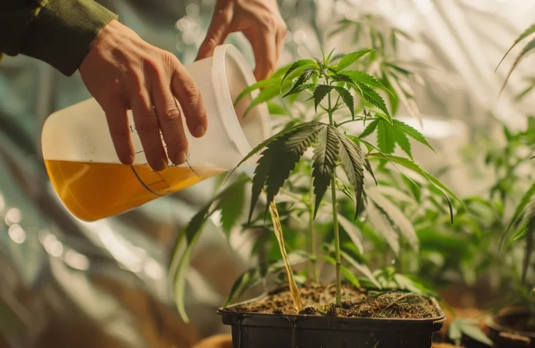 A close-up of a grower's hands watering a healthy vegetative cannabis plant in a pot with a light amber nutrient solution from a large measuring container inside a grow tent.